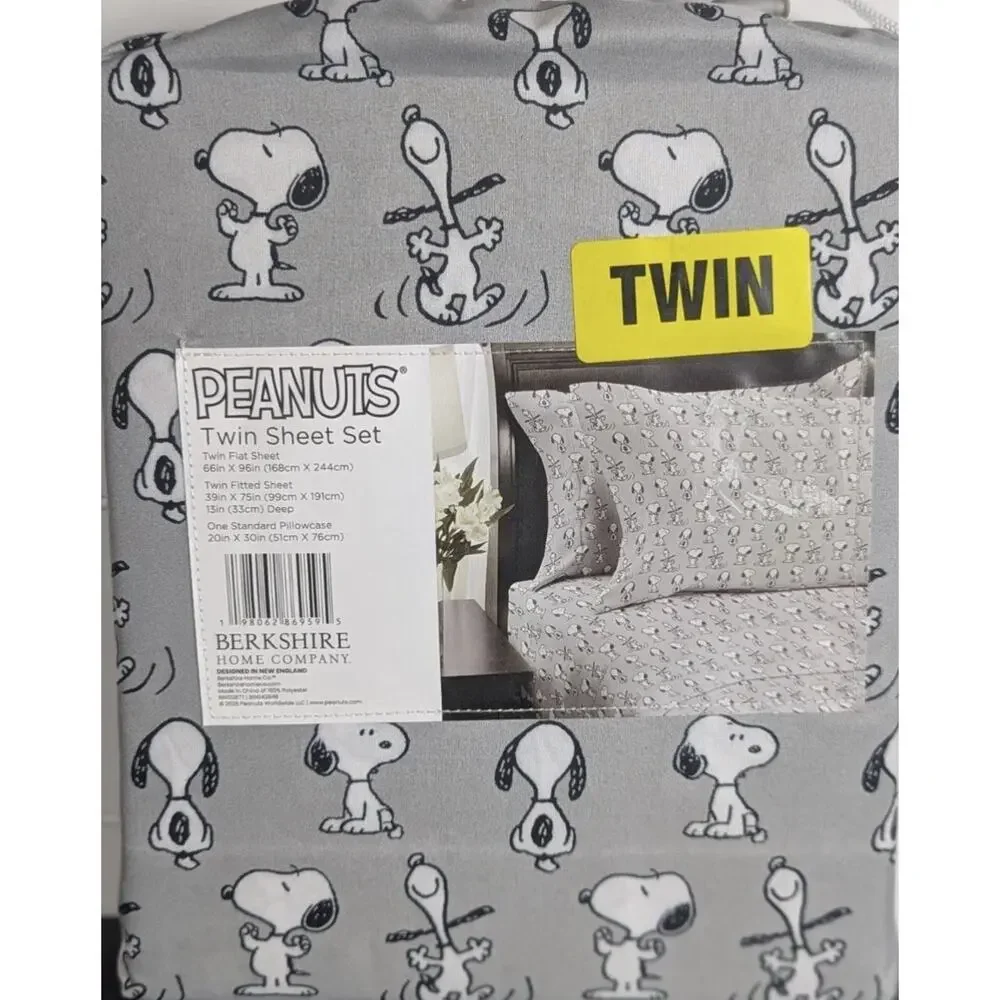 NWT! Peanuts Snoopy All Over 3 pc Twin Sheet Set (Gray) by Berkshire Home Co.